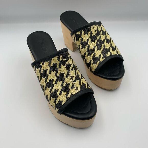 Logan Open Toe Leather‎ Raffia Houndstooth Wooden Clog Black Cream Size 36 - Picture 4 of 13